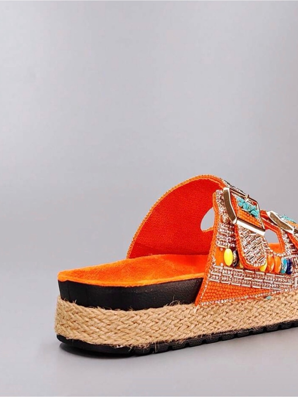 Embellished Orange Slide Sandals with Turquoise & Siver Accents - Picture 8 of 14